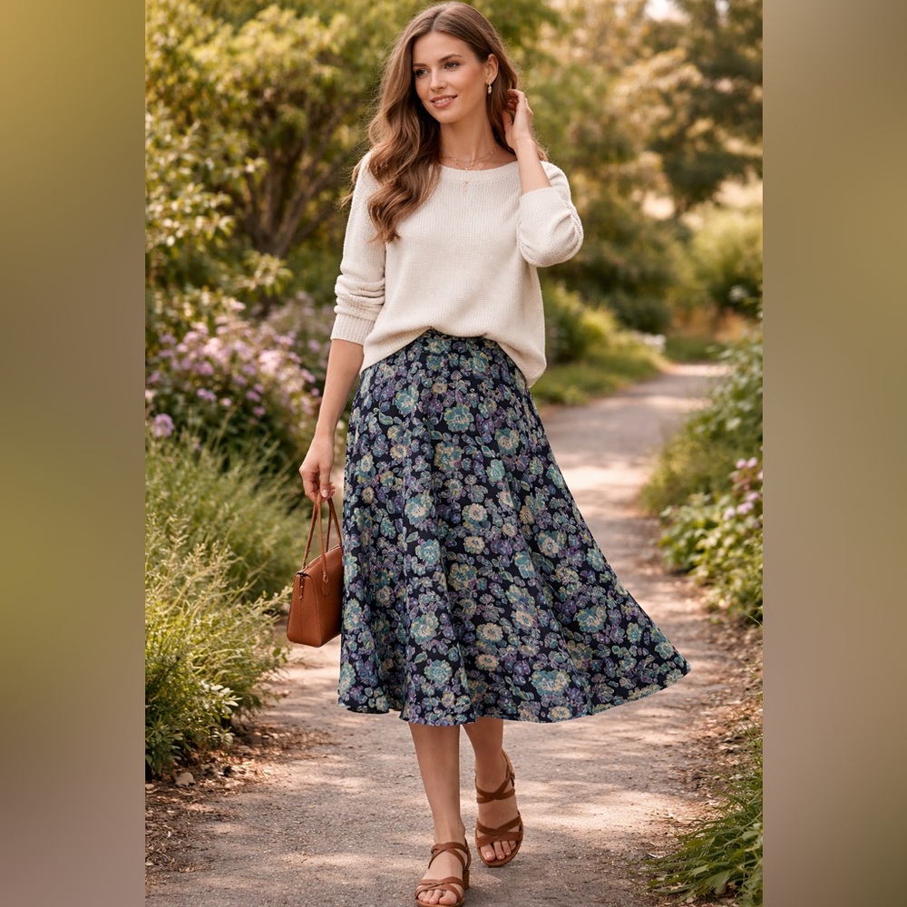 Dark Floral Rayon Midi Skirt |Flowy A-Line Norton McNaughton (Y2K Cottagecore) - Picture 3 of 11